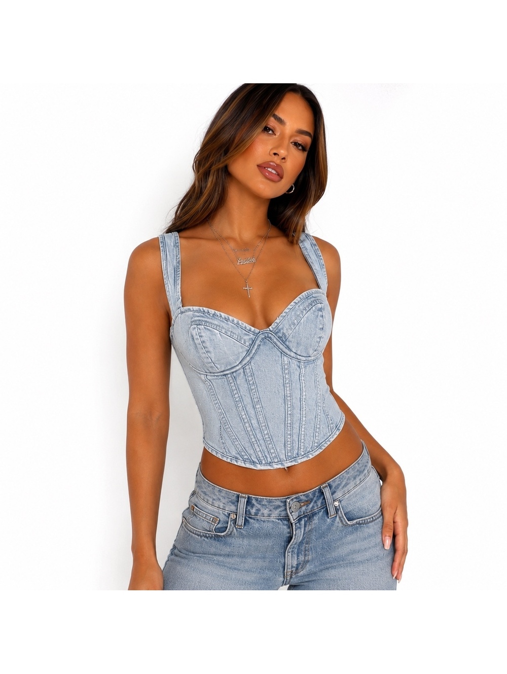 021. NWT! PRETTYLITTLETHING•Light Wash Denim Corset Top•SIZE 2